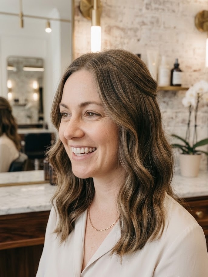 Sarah smiling in the salon chair.